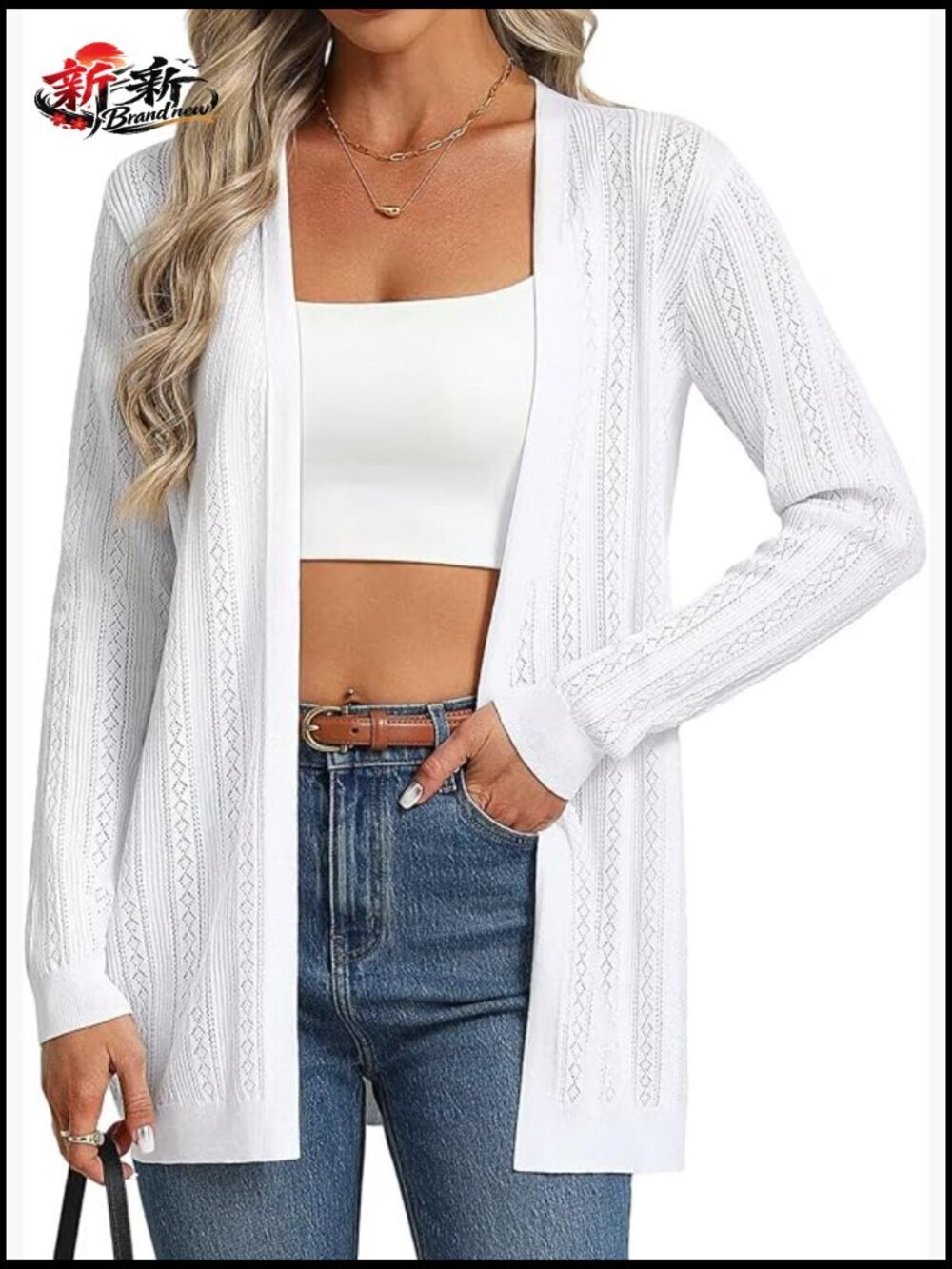 Long Sleeve Lightweight Crochet Cardigan Open Front V-Neck Spring Layering